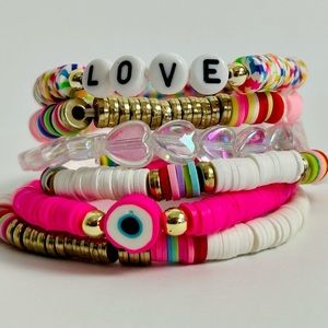 Boho style Love pink/ white clay & heart shaped bead bracelet stacked set of 6